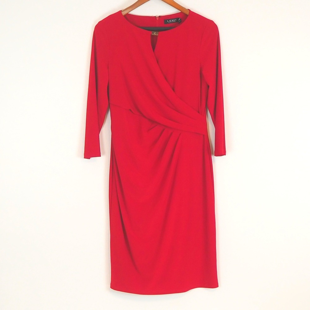 NWT Lauren Ralph Lauren Red Wrap Style Jersey Dress Gold Logo Women's Sz 10